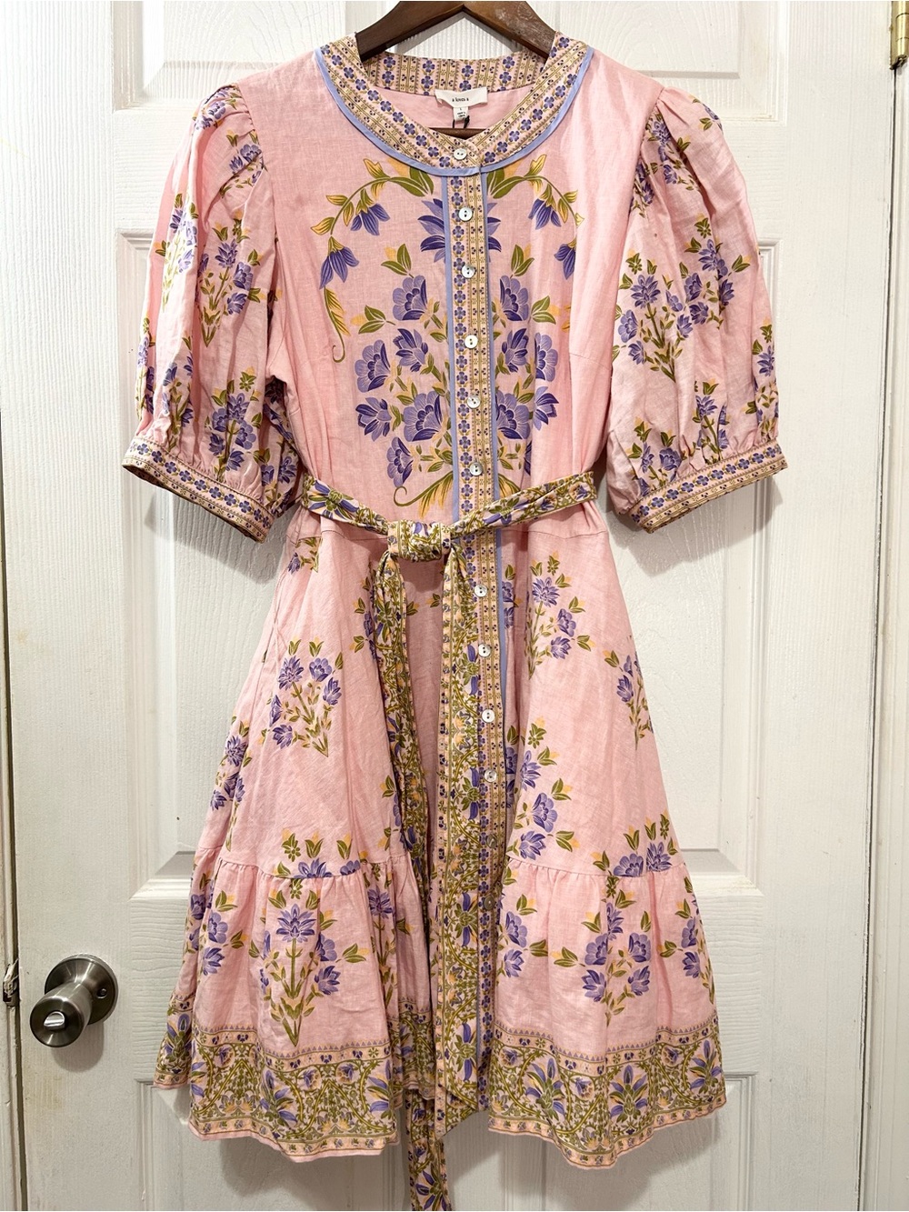 A Loves A Floral Block Print Midi Dress Pink Puff Sleeve Belted NWT Size L